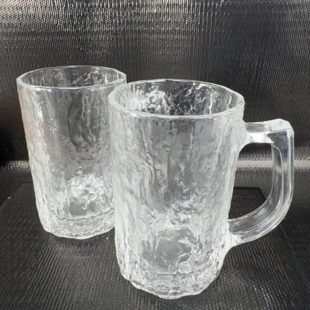 Vintage Hoya Clear Ice Texture Glass Mug Cup Set 2 Heavy Glassware Mugs Cups VTG